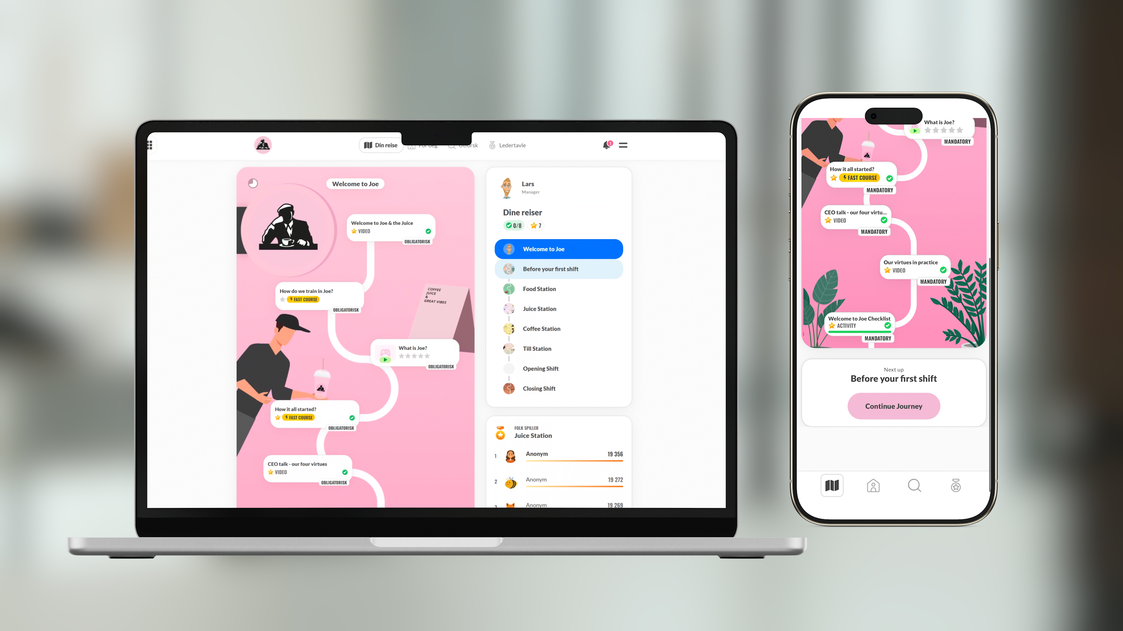 Pink-themed bar training app with illustrated workflow steps shown on a laptop and a smartphone.