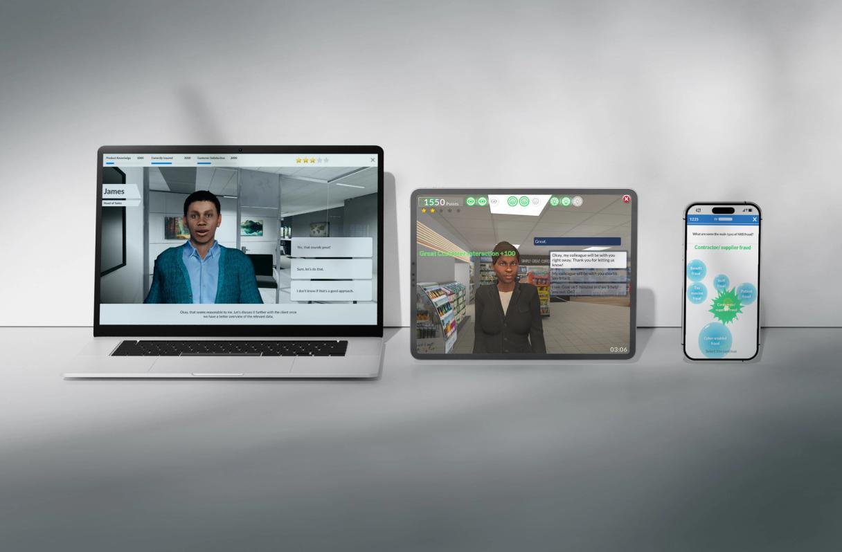 Laptop, tablet and phone displaying 3D simulation training screens with characters, dialogue and scores
