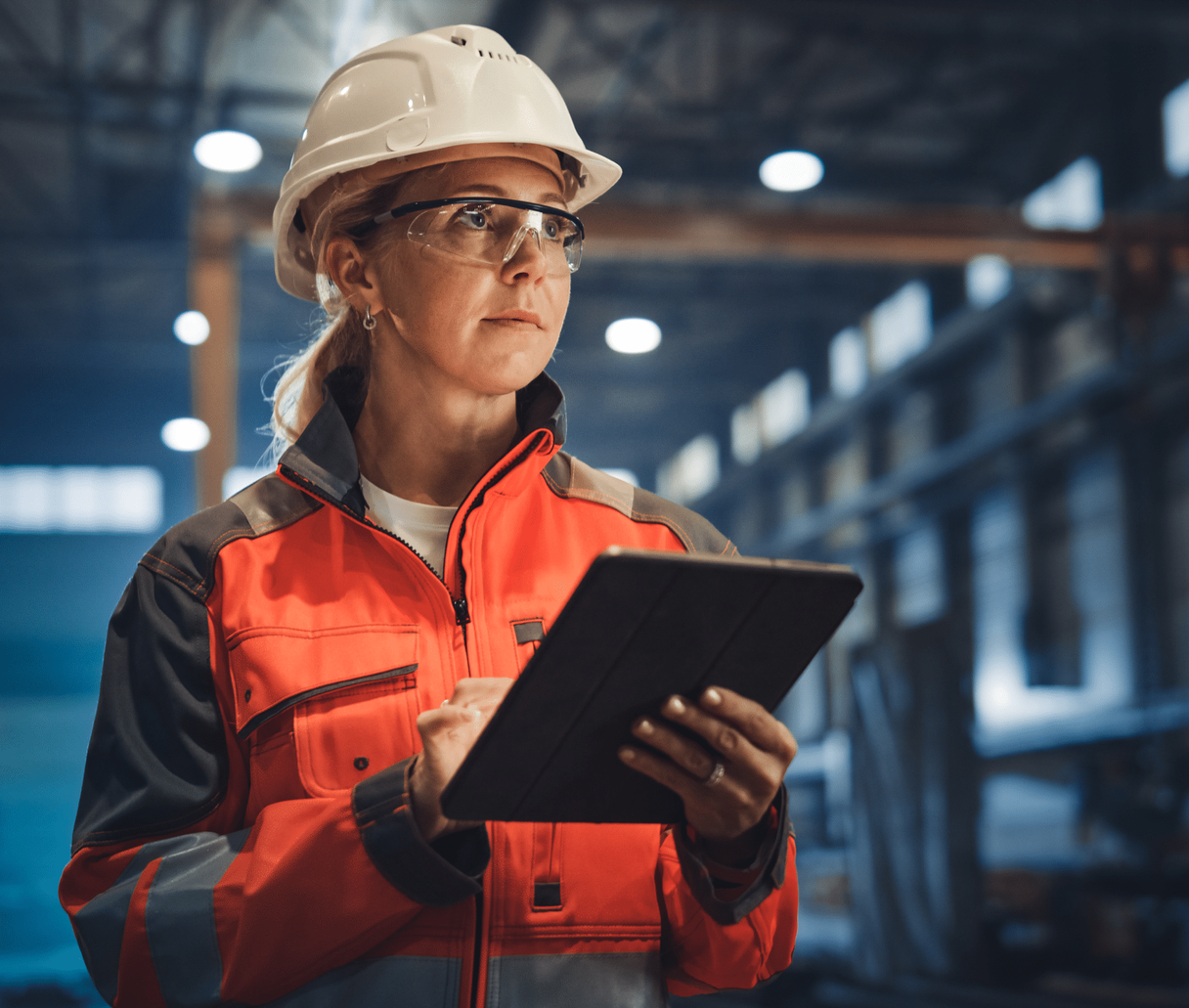 Health and safety employee playing training on her iPad