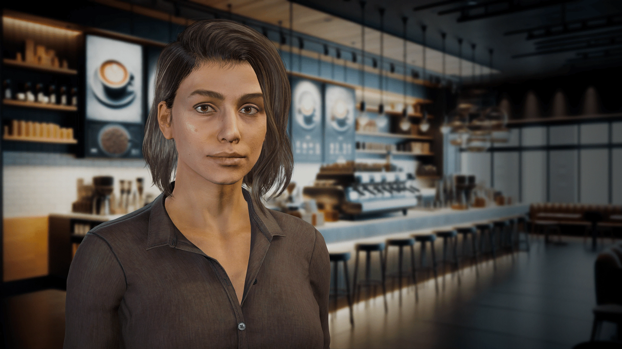 3D animated woman standing in a virtual coffee shop training simulation