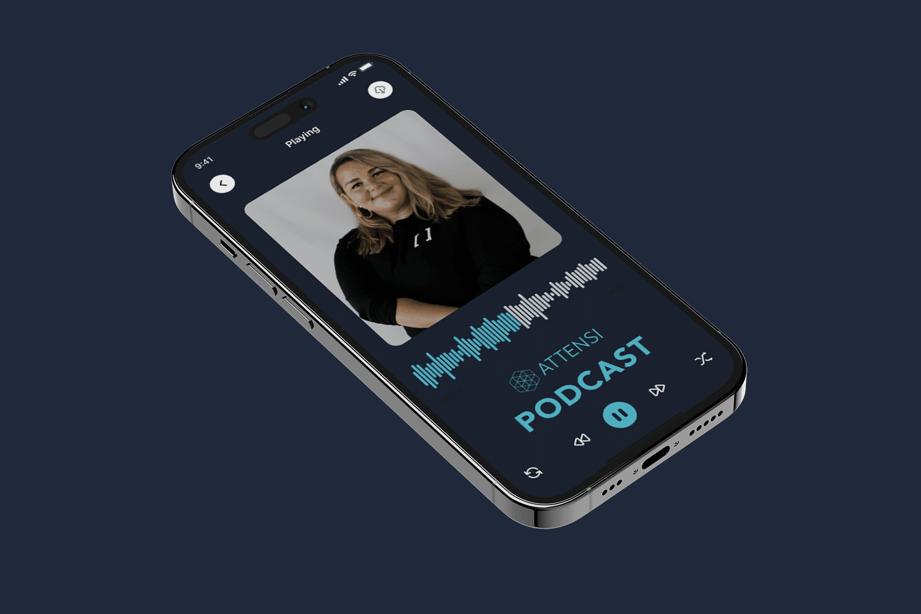 Attensi Podcast on a smartphone featuring a smiling woman guest from the fitness L&D episode