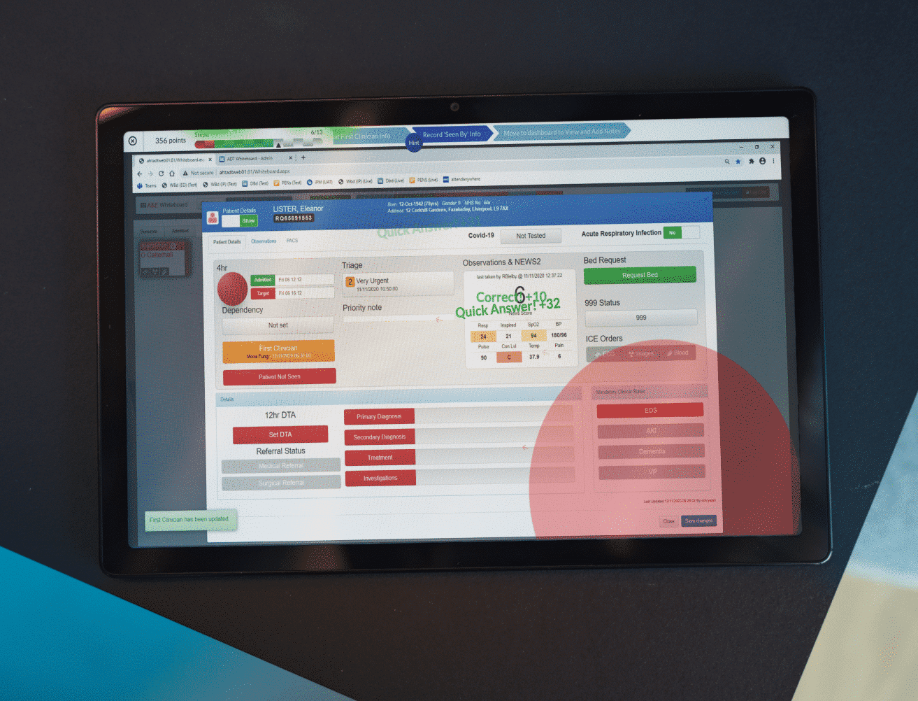 A tablet displays a medical software interface with sections for triage, observations, and requests.