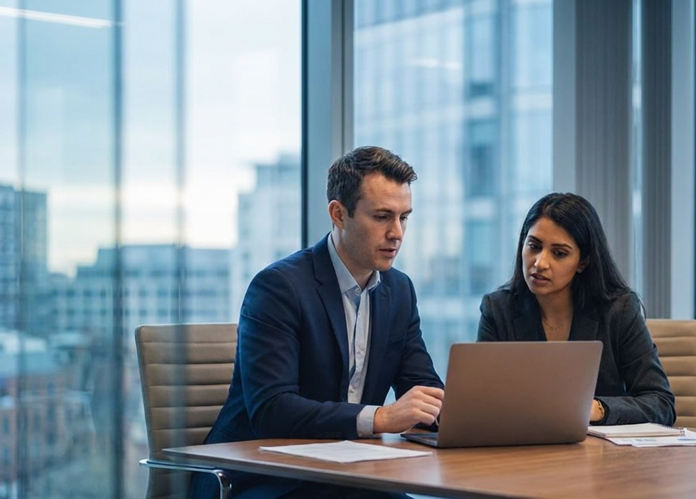 Two colleagues using a laptop in an office.