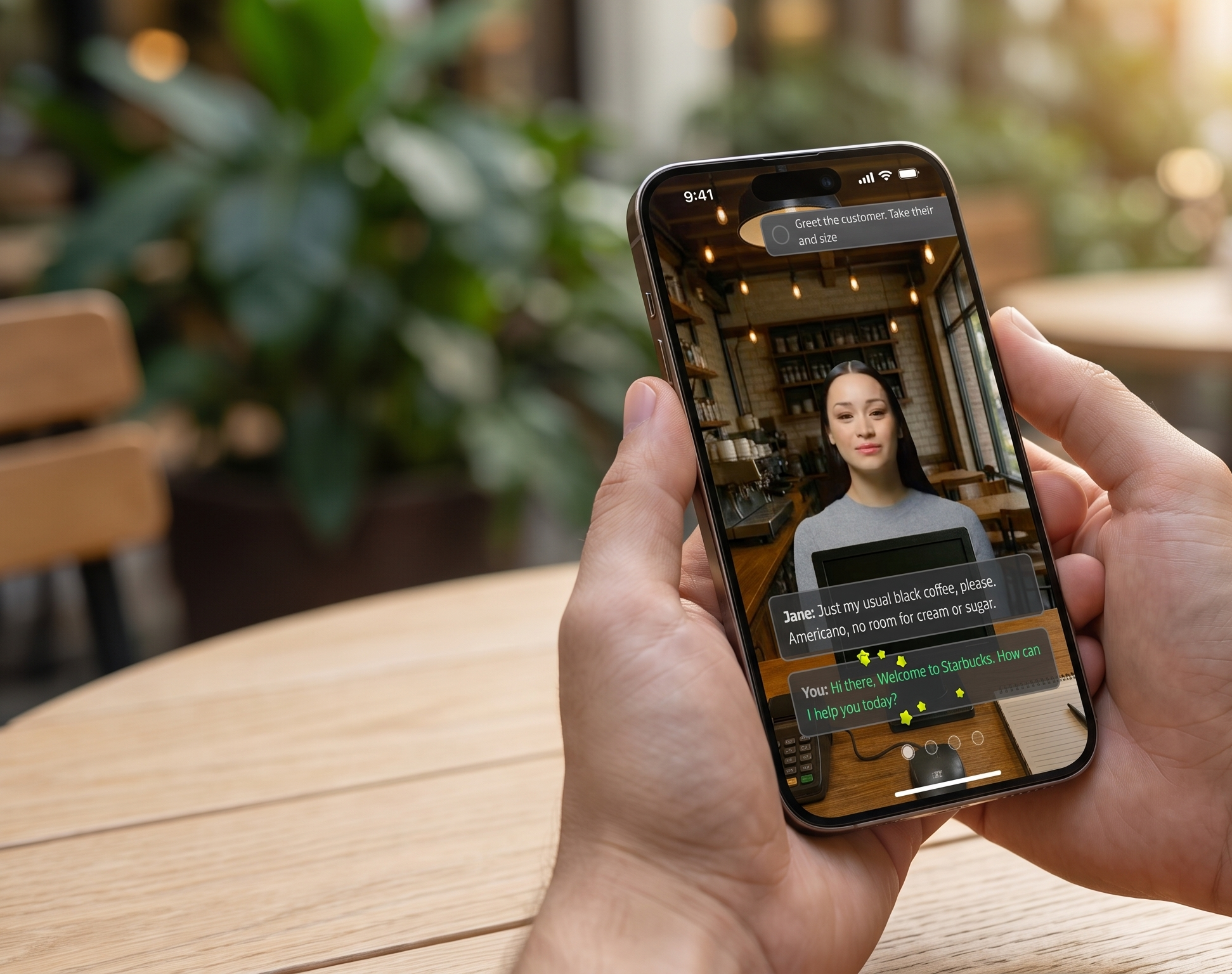 Hands holding a smartphone display a virtual AI assistant taking a coffee order at an outdoor cafe.