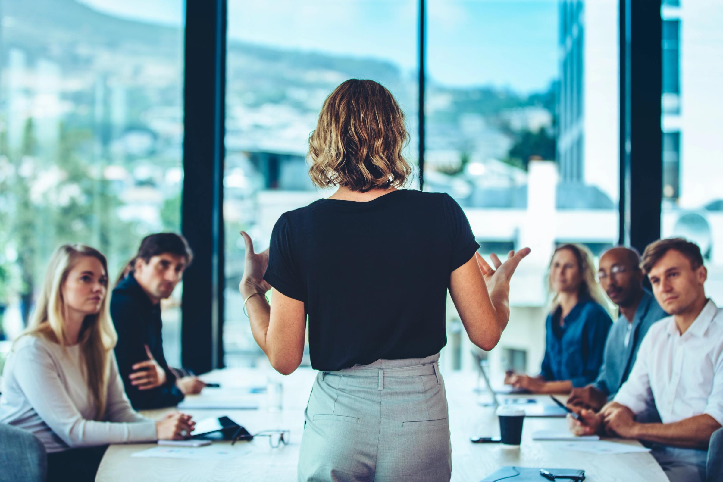 Woman presenting to colleagues around a conference table in a bright office
