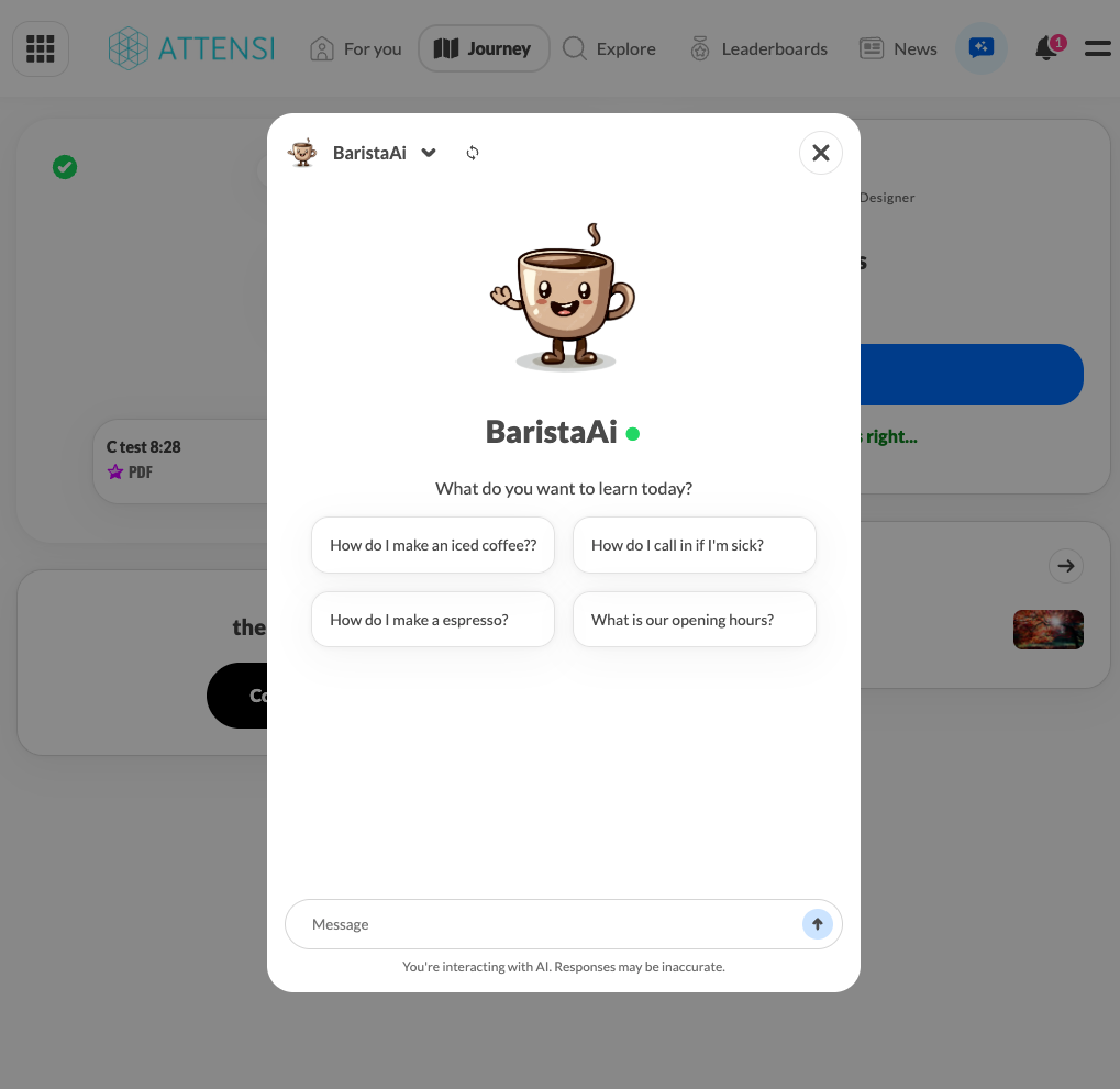 A BaristaAi chatbot pop-up window with a cartoon coffee cup character and suggested questions