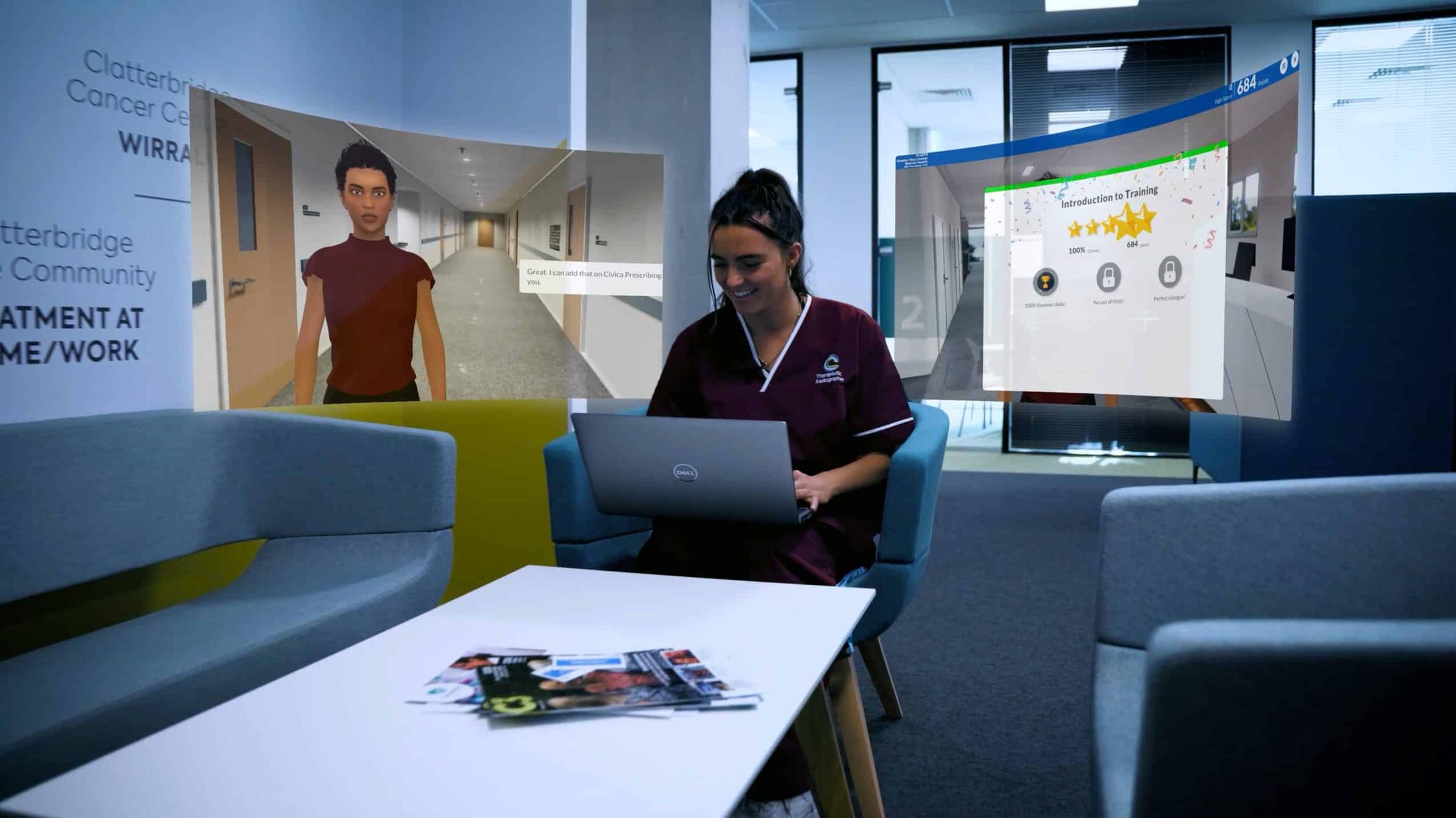 A smiling woman in medical scrubs uses a laptop, with two holographic screens floating nearby displaying a 3D avatar in a hospital hallway and a training module.