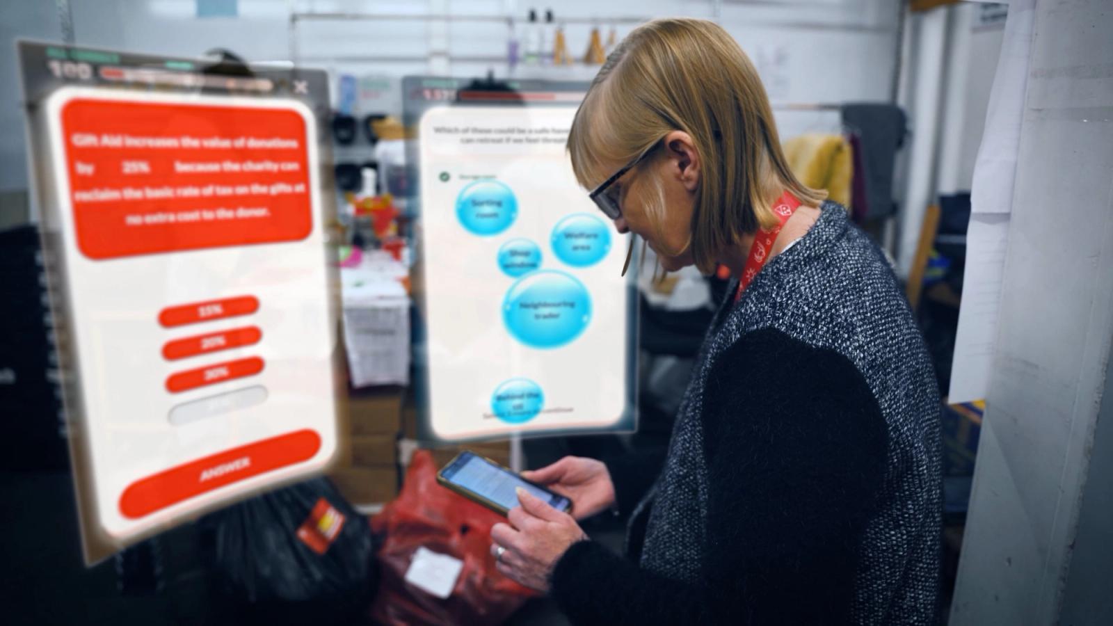 Woman in a stockroom using her phone, with two enlarged Gift Aid quiz screens shown beside her
