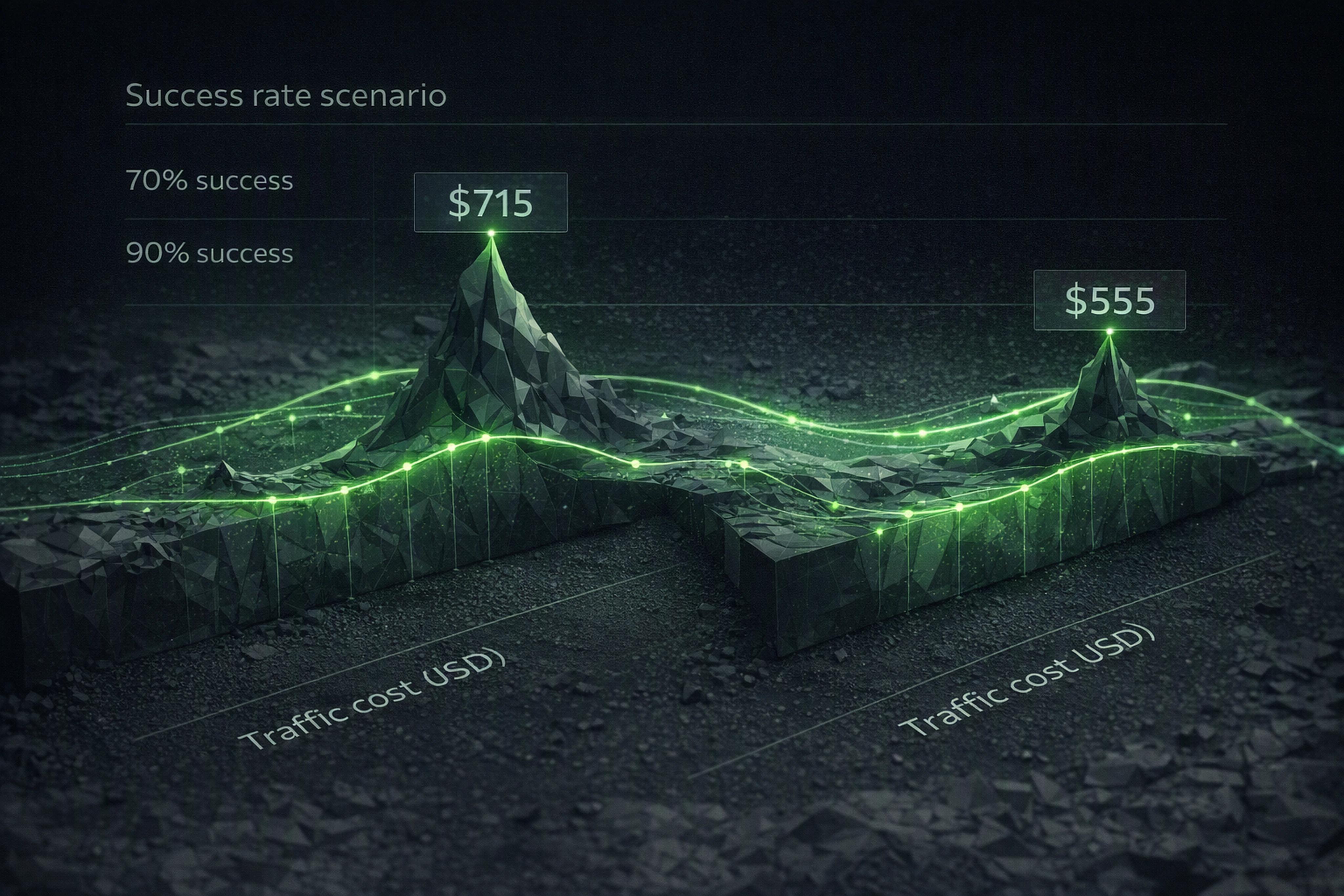 Bar chart showing higher proxy traffic cost at 70% success rate versus 90%