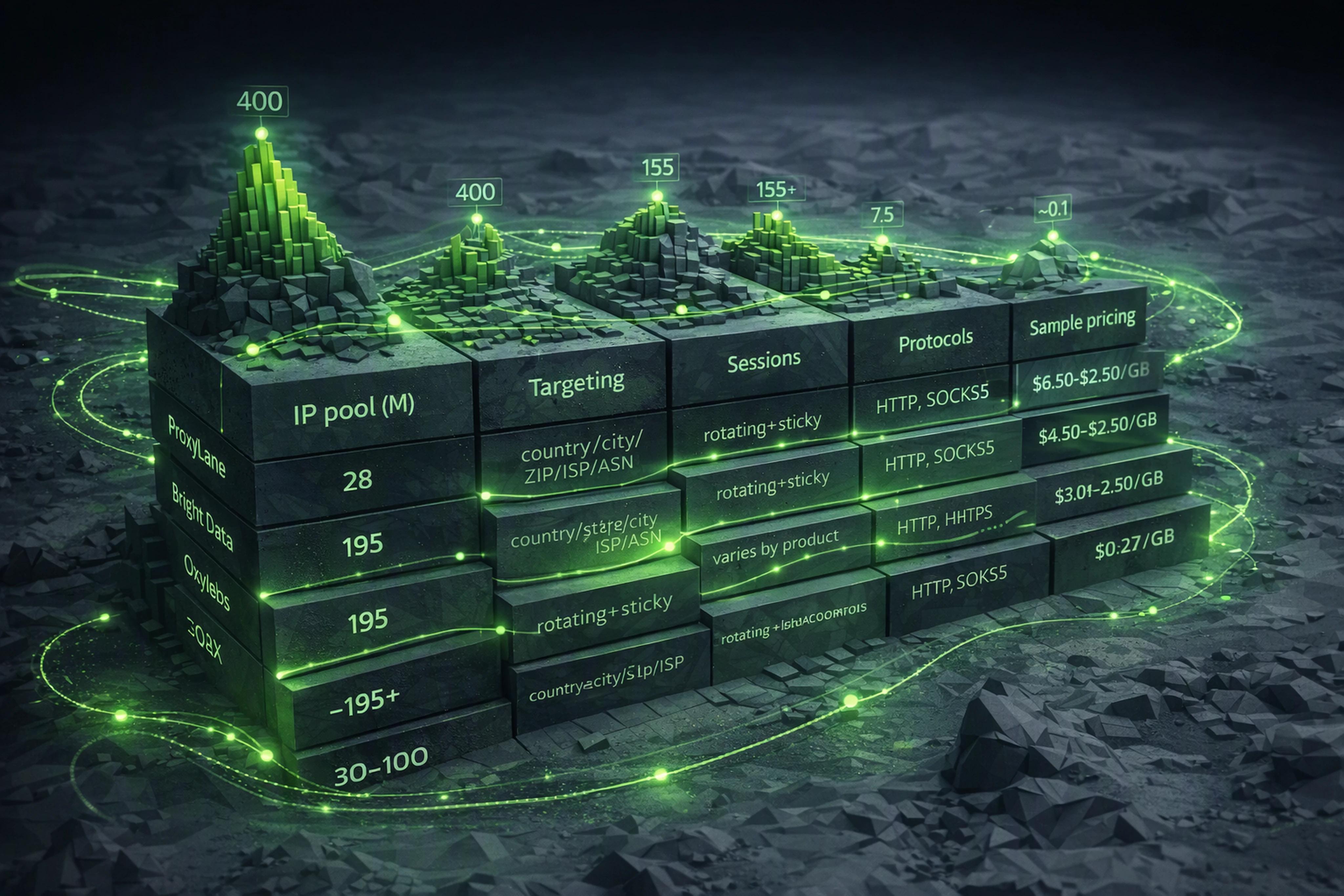 Comparison matrix of residential proxy providers and VPN features including IP pool, geo coverage, and pricing