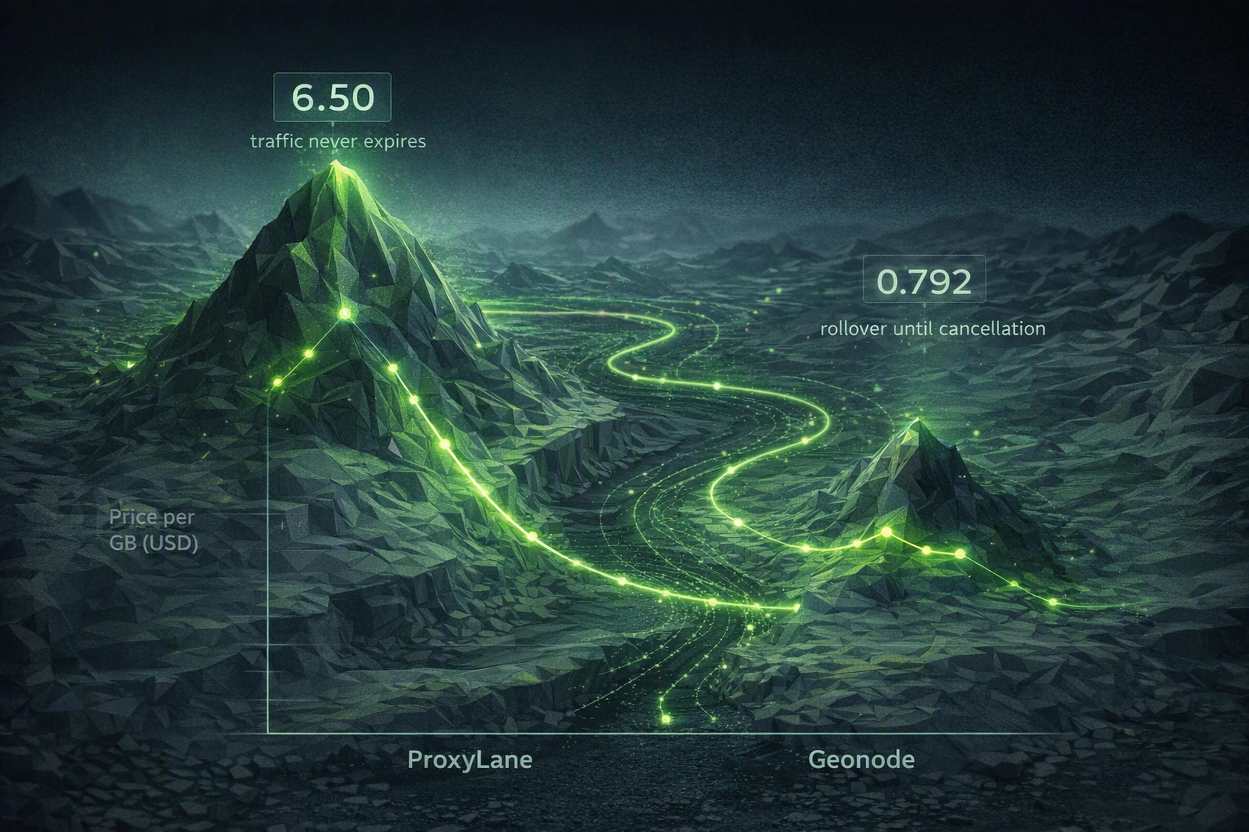 Chart comparing residential proxy pricing per GB and rollover rules for ProxyLane and Geonode.