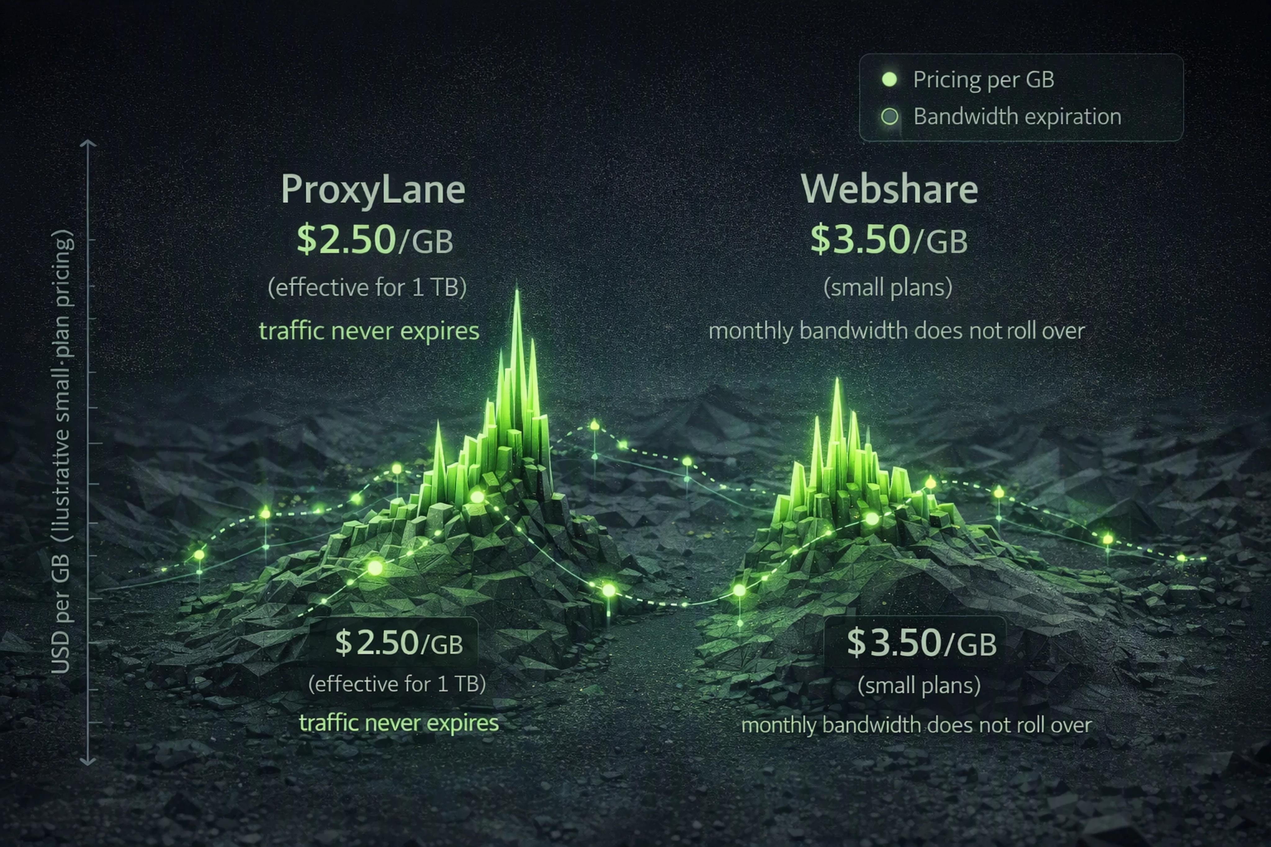 Bar chart comparing ProxyLane and Webshare residential proxy pricing and bandwidth expiration behavior