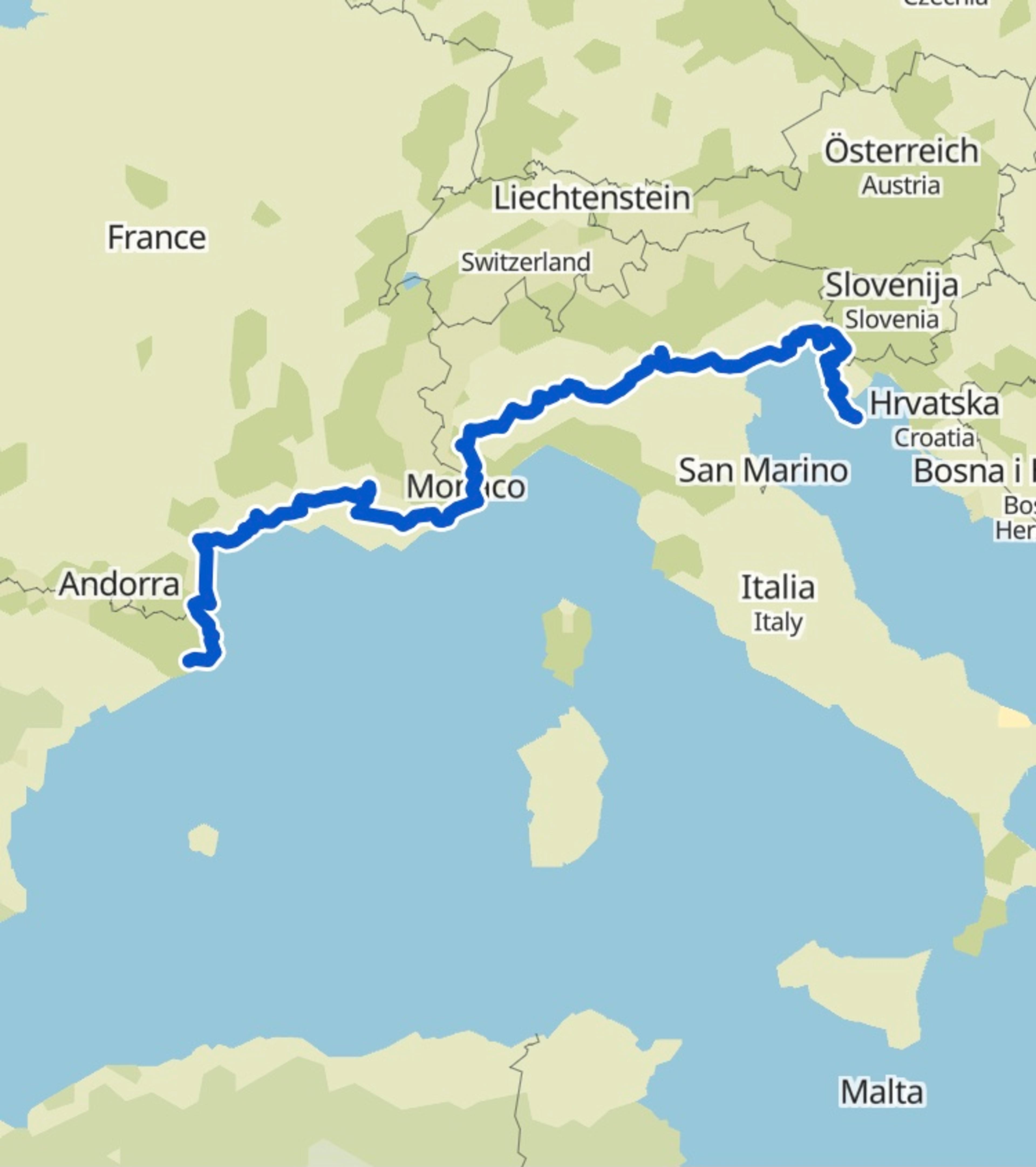 A map of the Eurovelo 8 segment I cycled.