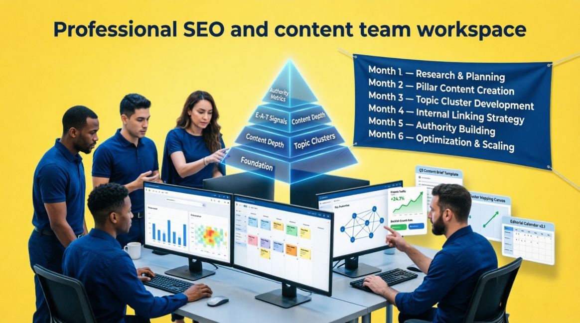Feature image of seo and content team planning a 6-month roadmap