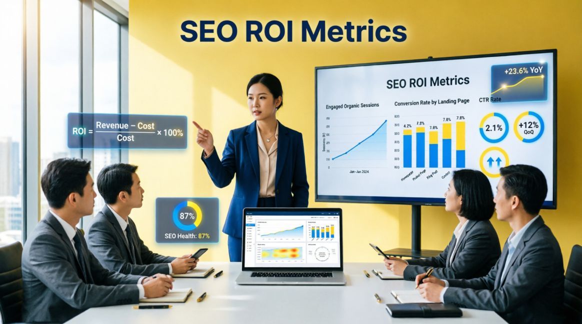 A person presenting SEO ROI metrics to the executives