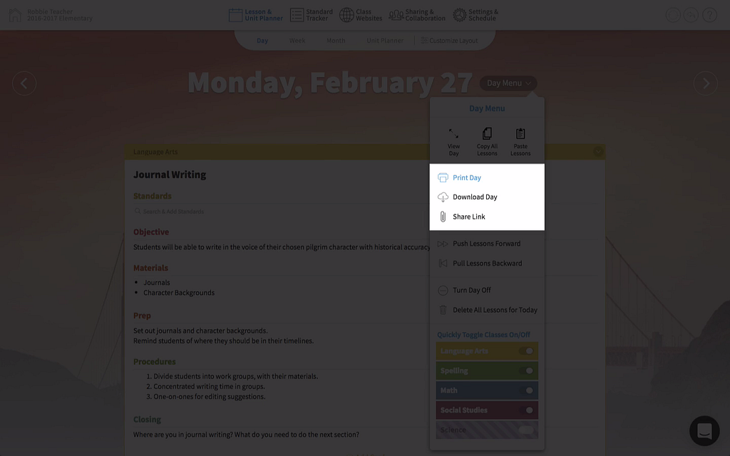 Printing a whole day, week, or month is only available to Cc Pro customers. Any Cc teacher can print an individual lesson from the lesson menu even if they haven’t subscribed to Cc Pro