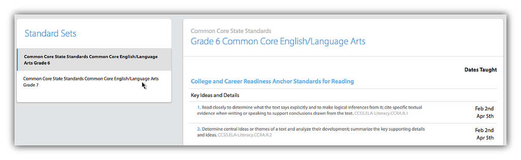 Use tabs on the left of your standards tracker to switch between sets of standards for a course.