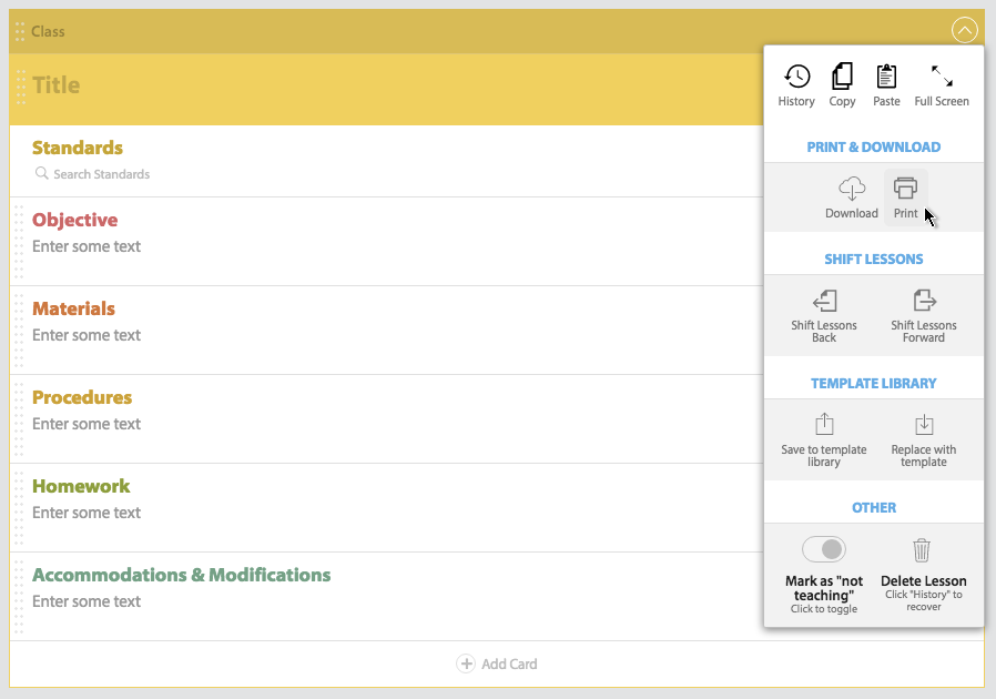 To print in the free version of Cc, select print from the lesson menu.