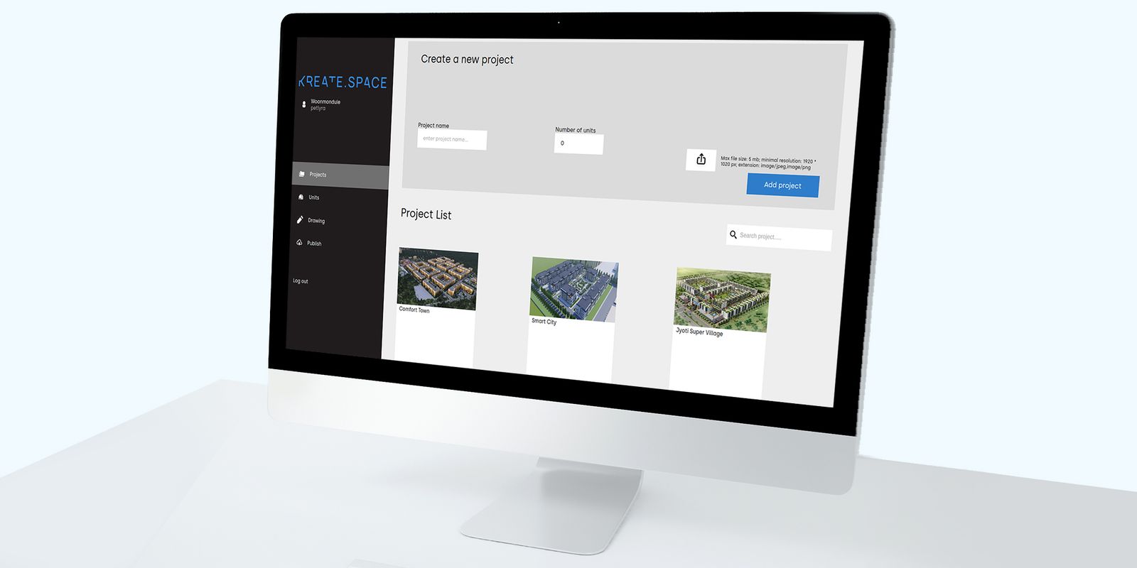 Página de proyectos de WoonModule con un formulario para crear un proyecto nuevo y tarjetas de proyectos residenciales existentes