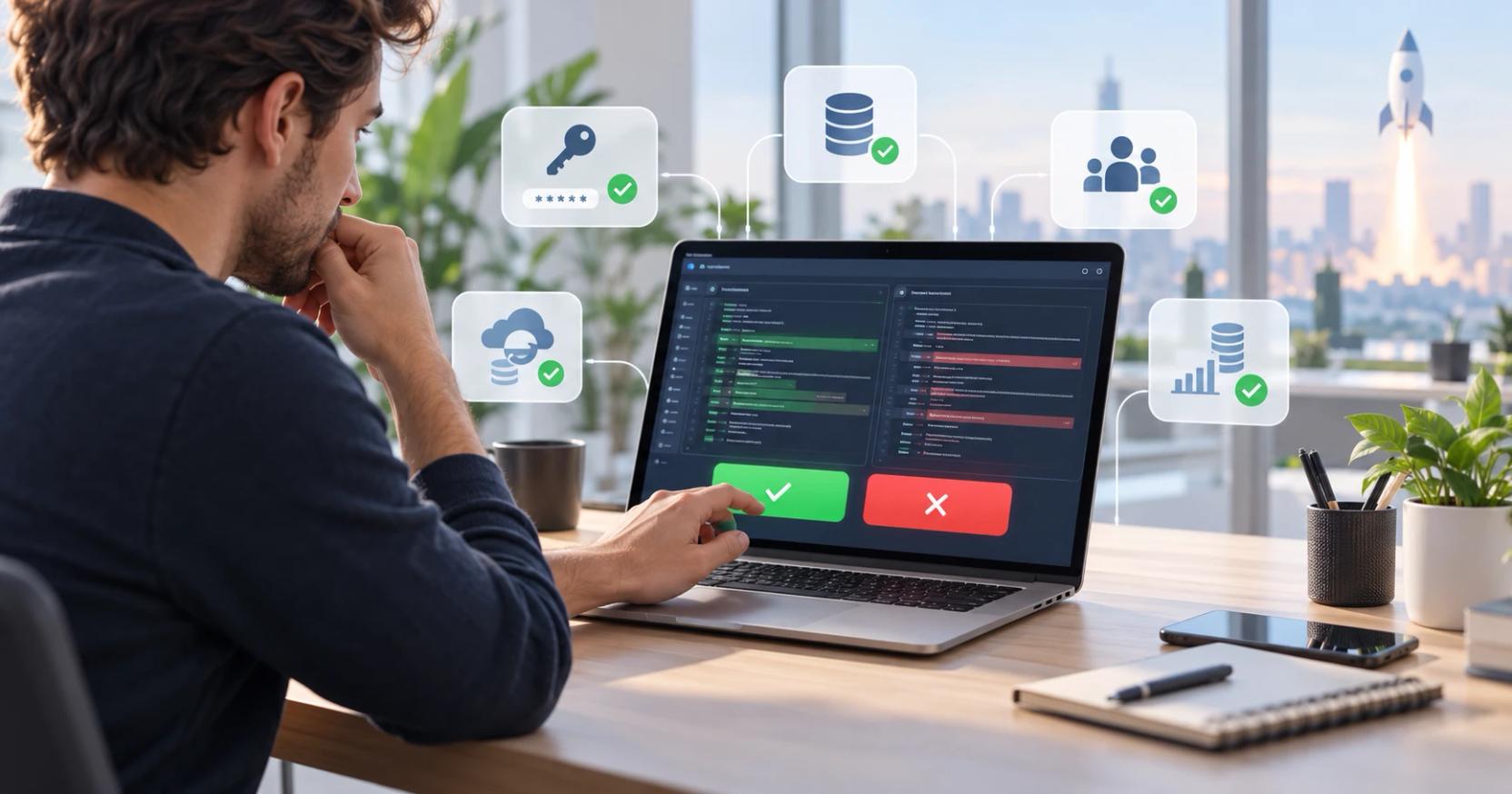 Una persona que programa piensa antes de pulsar aceptar o rechazar en un diff de código, rodeada de tarjetas marcadas para secretos, base de datos, copias de seguridad, acceso de usuarios y supervisión