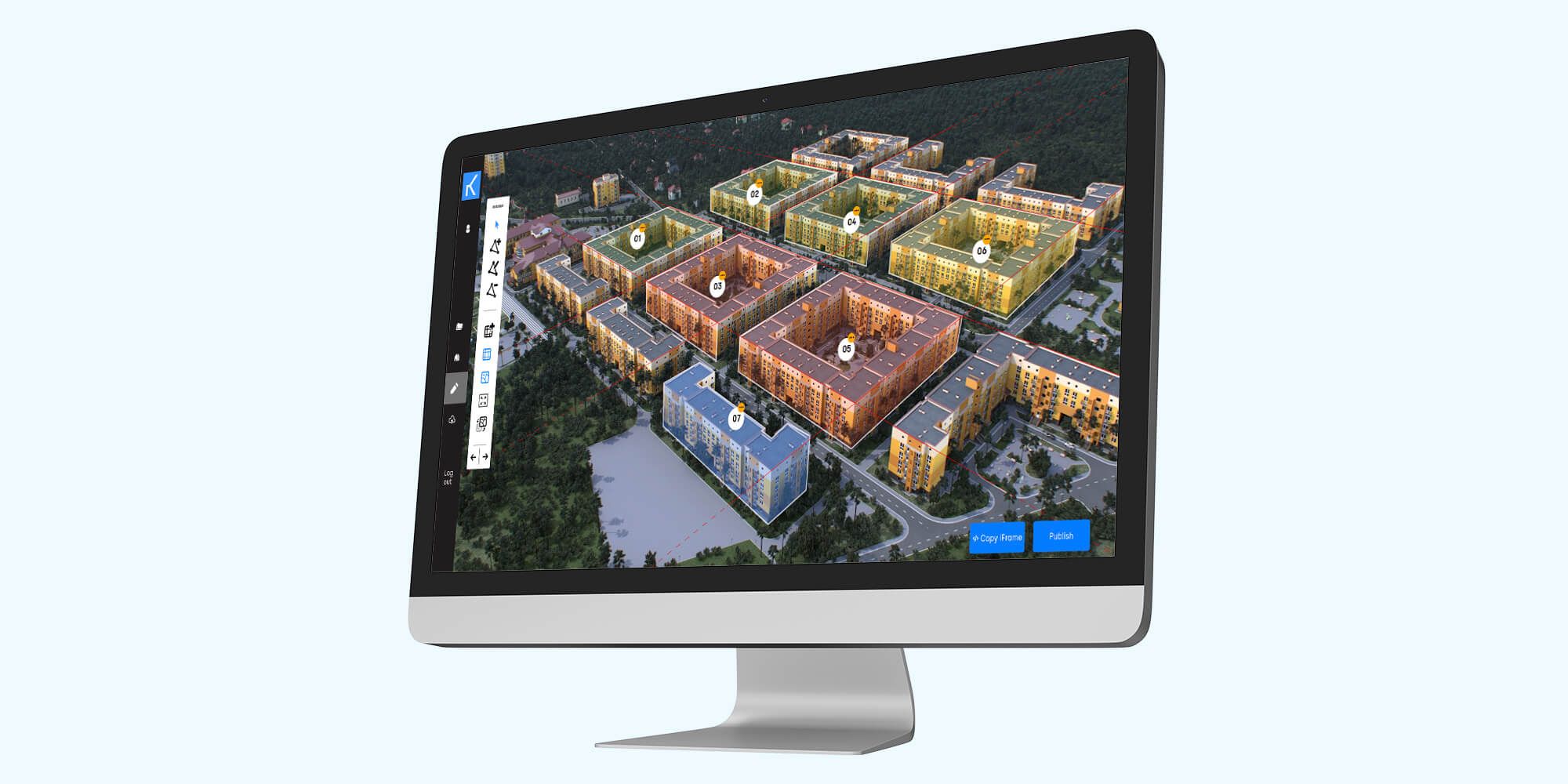 Editor de WoonModule en un monitor con una recreación 3D de un complejo residencial con edificios numerados y un botón Publish