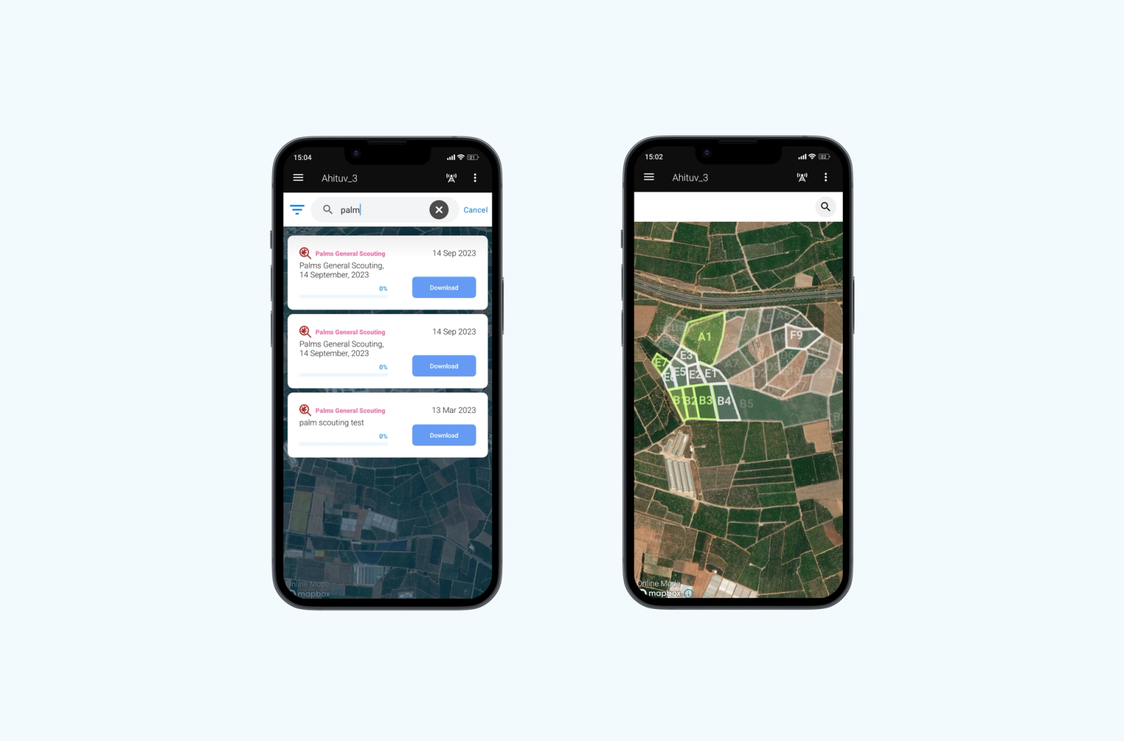 SeeTree field app: a mission search showing palm scouting results beside a satellite map of orchard blocks