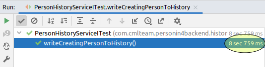 Ejecutor de pruebas de IntelliJ: writeCreatingPersonToHistory() superada en 8 s 759 ms, con el tiempo rodeado con un círculo