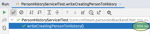 Ejecutor de pruebas de IntelliJ: writeCreatingPersonToHistory(), ya reescrita, superada en 996 ms, con el tiempo rodeado con un círculo