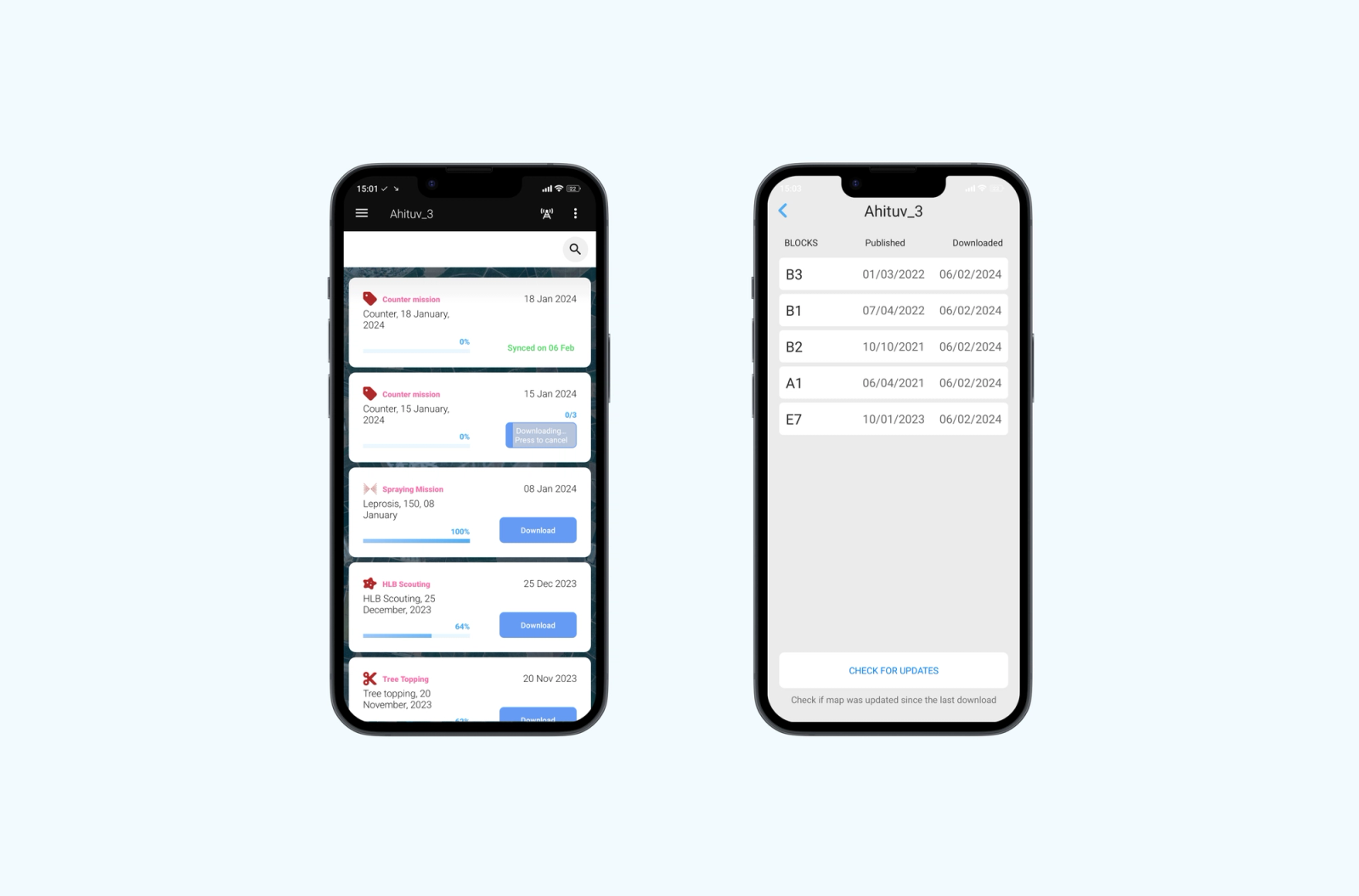 SeeTree field app showing a list of missions with download progress and a list of blocks with a Check for updates button