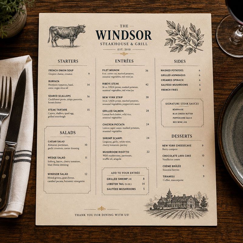 Custom printed menus for hospitality businesses