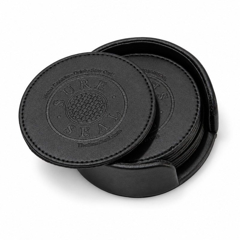 Custom Black Round Coaster Set with Holder
