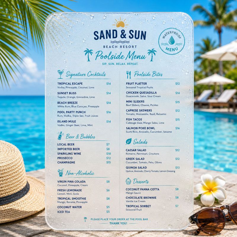 Printed and waterproof menus for restaurants, outdoor dining and resorts