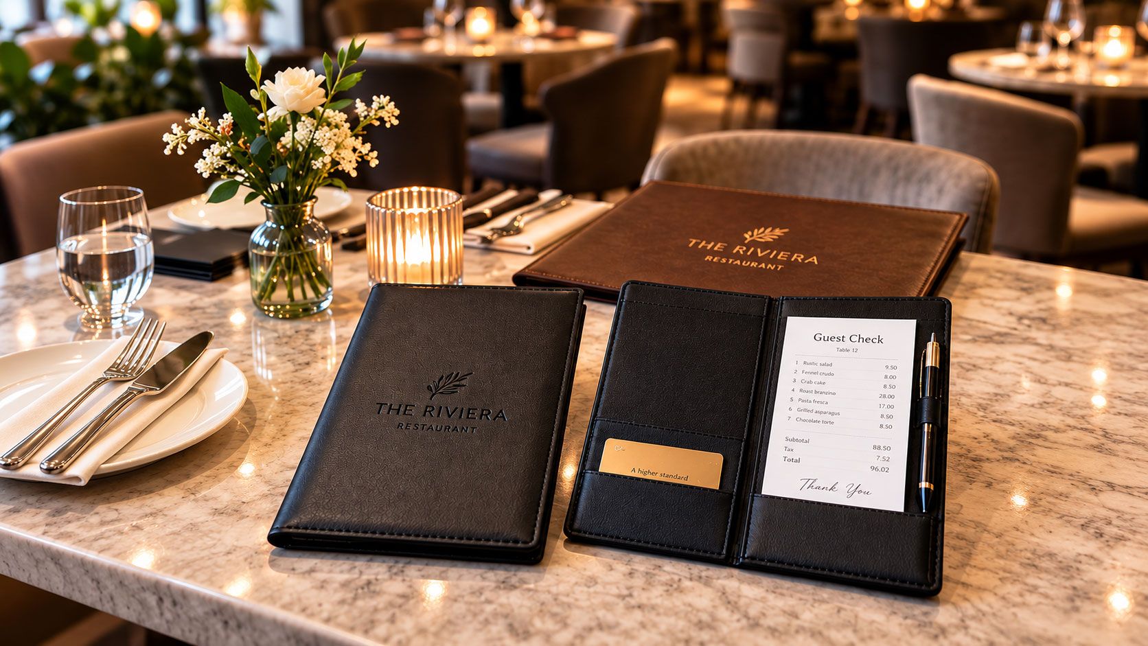 Custom logo check presenters on a restaurant table