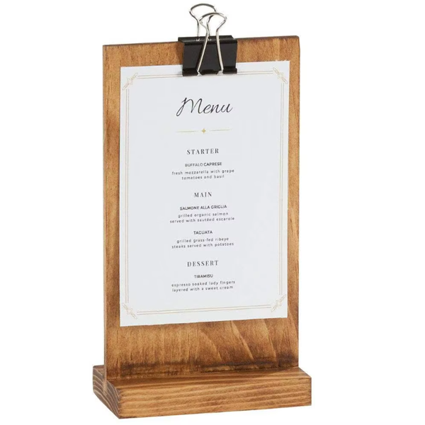 Wooden menu holder and tabletop display by Menunique