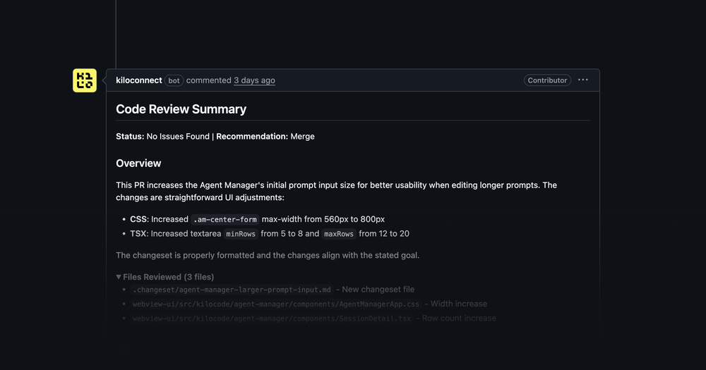 Screenshot of Kilo Code Reviewer