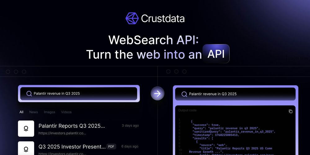 Screenshot of Web search API by Crustdata