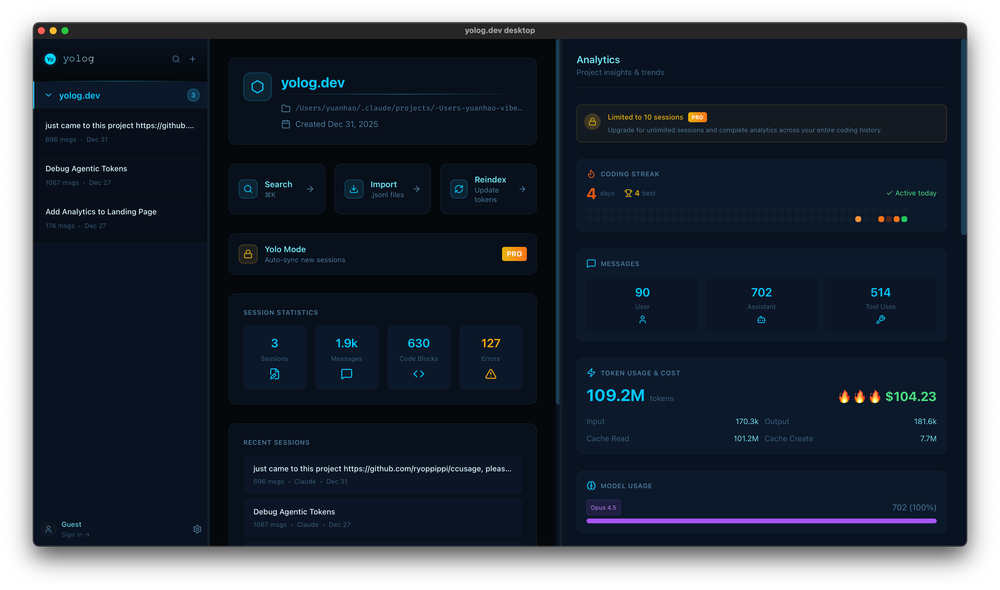 Screenshot of yolog.dev Desktop