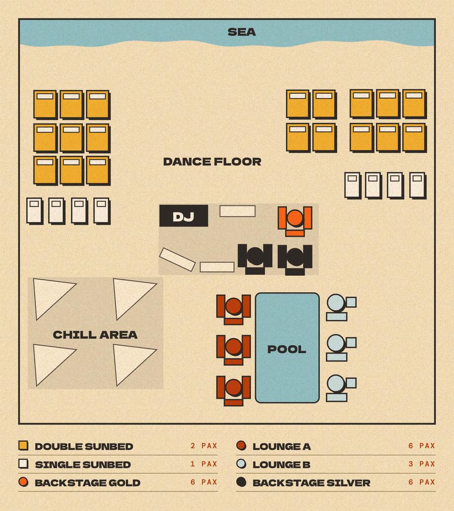 Tulumania Tu Brunch Opening layout with the Double and Single Sunbeds, Lounge A and Lounge B by the pool, and Backstage Gold and Silver beside the DJ, Sunday, November 29, 2026