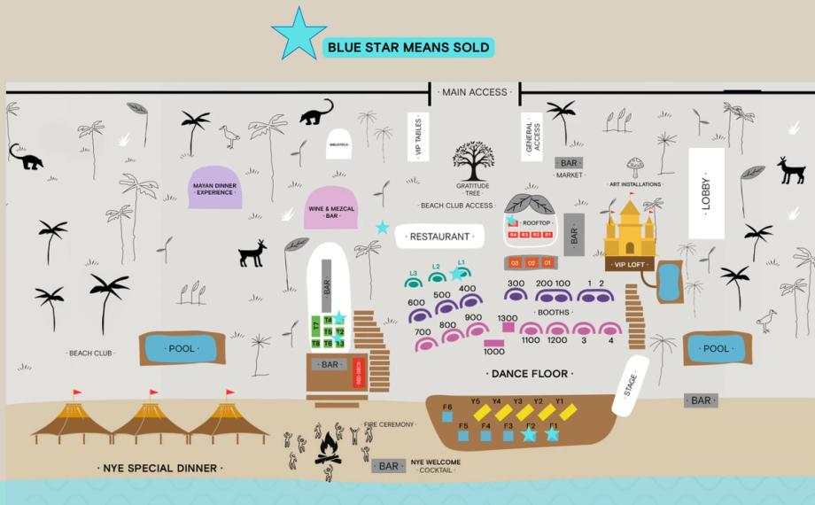 Table layout for New Year’s Eve 2027 at Papaya Playa Project, with each table's number