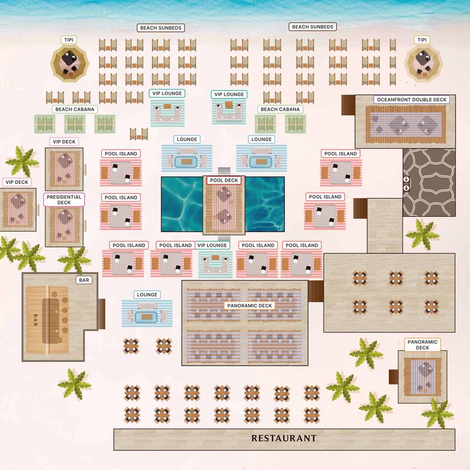Taboo Beach Club layout with cabanas, VIP sections, pool decks and lounge areas, beach at top, restaurant and bar at bottom, Saturday, October 31, 2026