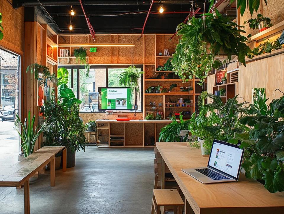 Bright, plant-filled coworking space with natural wood furnishings, hanging greenery, and a laptop on a communal table—showcasing an eco-friendly interior design that appeals to green-conscious clients.