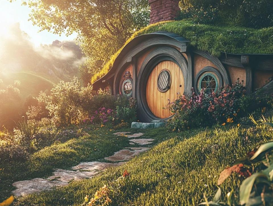Sunlit hobbit house with a round wooden door and grass-covered roof, surrounded by vibrant flowers and greenery, illustrating whimsical, eco-friendly design
