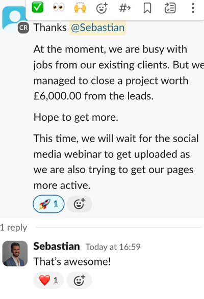 Message from Rose: closed a £6,000 project