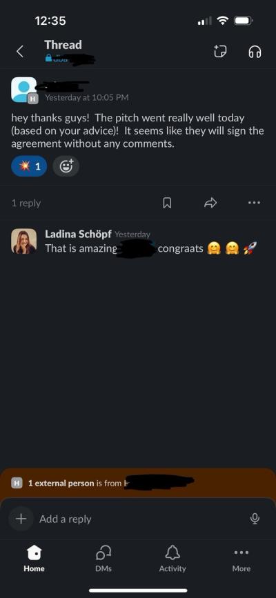 Message from Adam: new client signed after the initial pitch