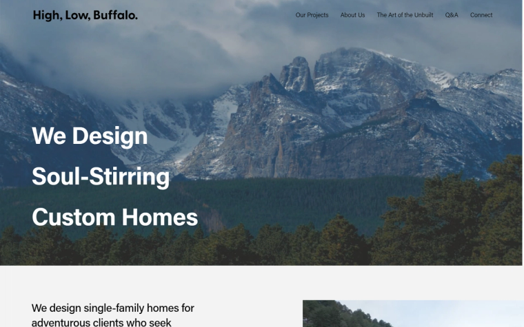 The High, Low, Buffalo website, headed We Design Soul-Stirring Custom Homes over a Colorado mountain range