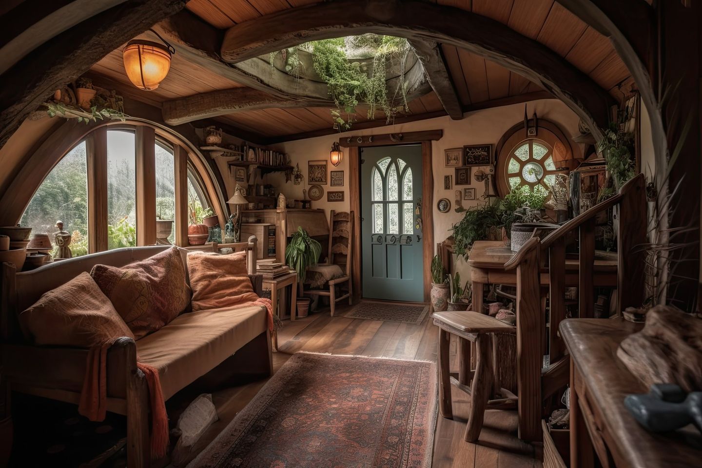 Cozy hobbit house interior with arched wooden beams, circular windows, and a rustic green door, featuring warm lighting, natural materials, and potted plants for an enchanting, eco-friendly living space.