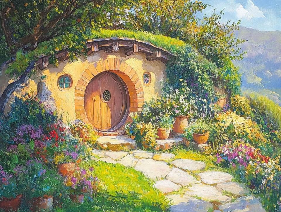 Vibrant painting of a hobbit house with a round wooden door, grass-covered roof, and colorful flowers, reflecting a whimsical, eco-friendly design aesthetic.