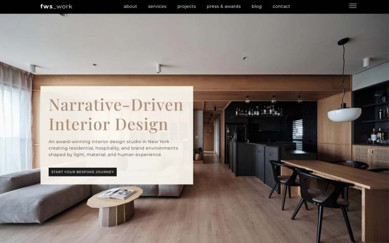 The FWS Work website, headed Narrative-Driven Interior Design
