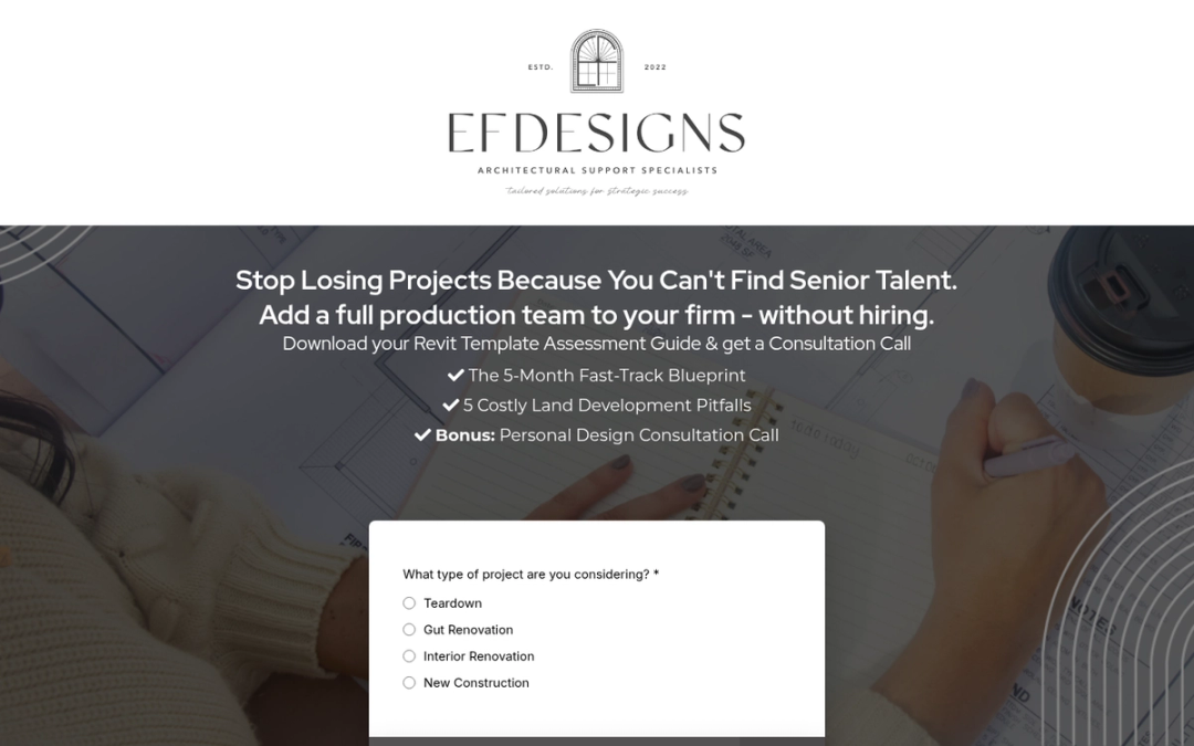 The EF Designs page at go.efdesigns.co, under the EF Designs Architectural Support Specialists wordmark