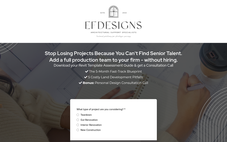 The EF Designs page at go.efdesigns.co, under the EF Designs Architectural Support Specialists wordmark
